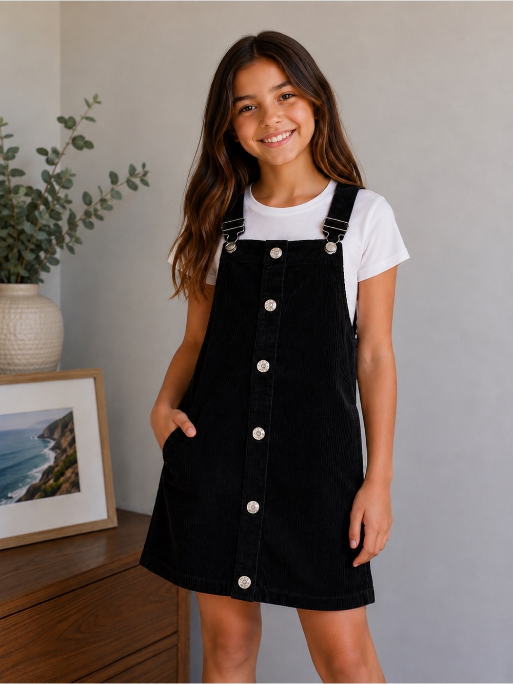 Girls Forever 21 Black Corduroy Button-Front Overall Dress for Kids